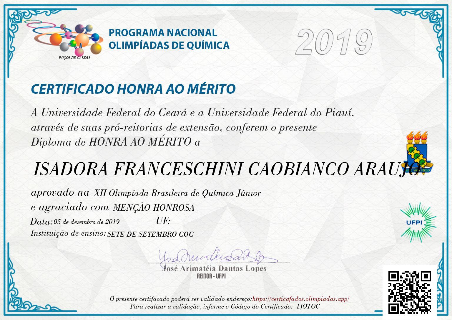 Certificado de ISADORA FRANCESCHINI CAOBIANCO ARAUJO - MENÇÃO HONROSA